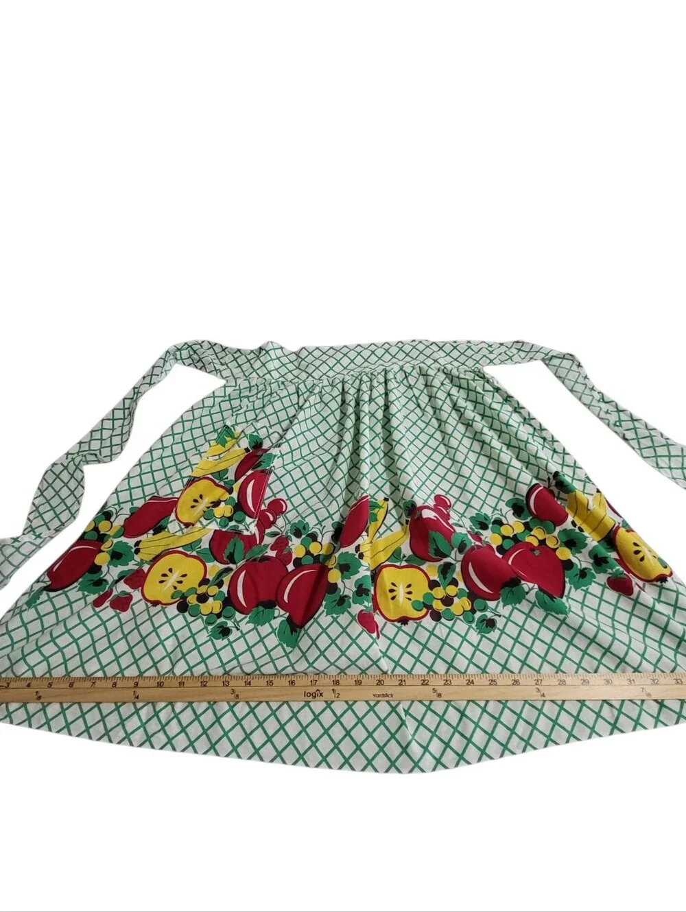 Vintage Handmade Half Apron Fruit Band Green White Grid MCM Kitsch Cottagecore